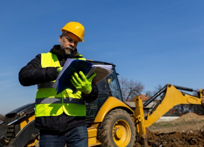 Construction worker checking paperwork beside backhoe at worksite