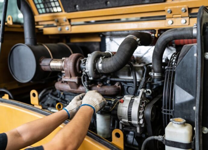 Mechanic working on heavy machinery engine with turbocharger and alternator